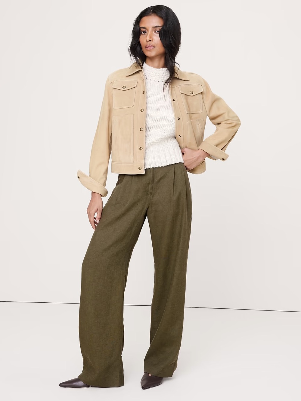 Banana Republic Olive Linen-Blend Pleated Trousers